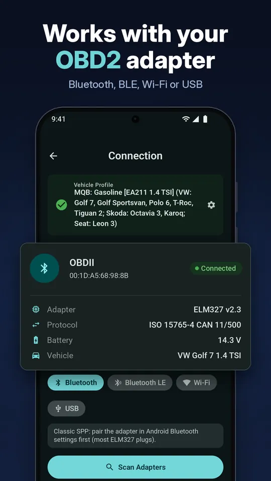 OBD Master Pro screen: Bluetooth, BLE, Wi-Fi or USB adapter connection