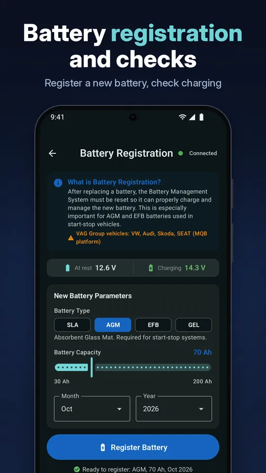 OBD Master Pro screen: Battery registration and checks