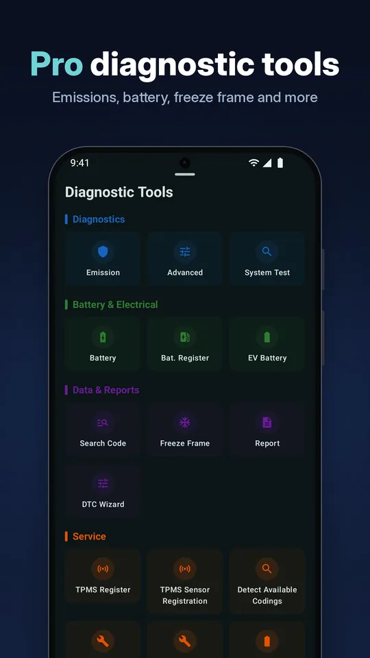 OBD Master Pro screen: Pro diagnostic tools