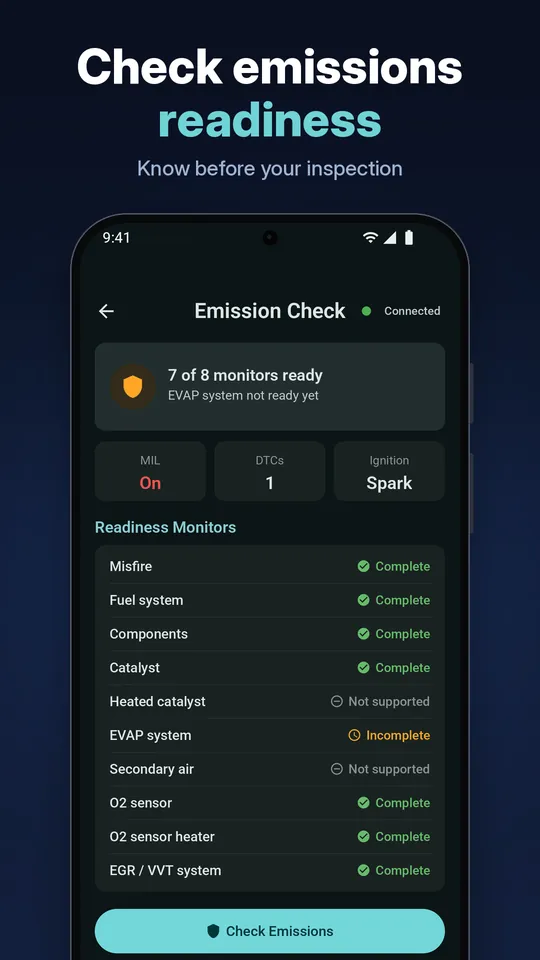 OBD Master Pro screen: Emissions readiness check