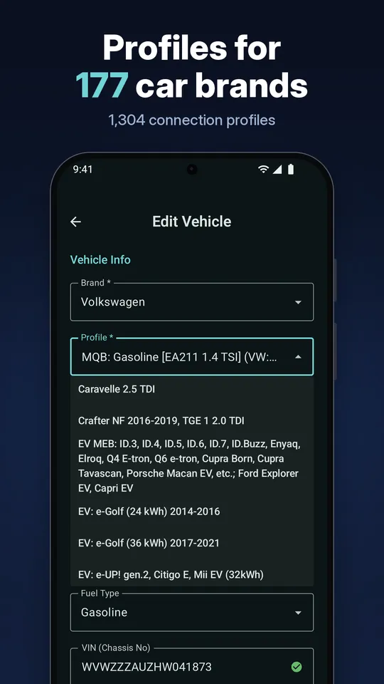 OBD Master Pro screen: Profiles for 177 car brands